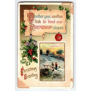 Vintage Embossed Christmas Postcard Friendship Winter Scene Germany